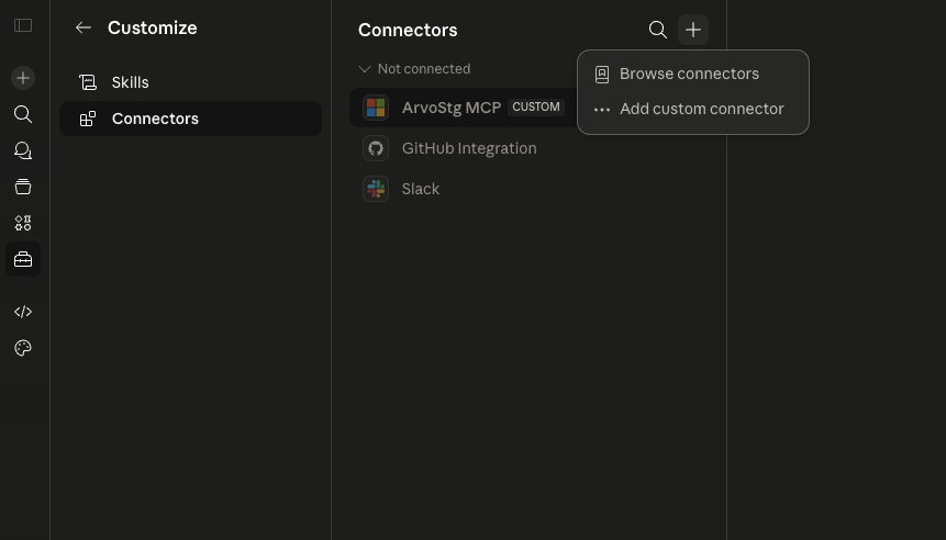 Claude.ai Customize → Connectors panel with the + menu open, showing Browse connectors and Add custom connector options. An existing ArvoStg MCP connector is visible in the list.