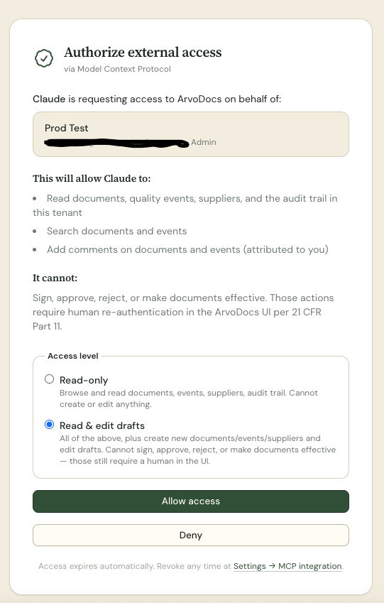 ArvoDocs Authorize external access page. Claude is requesting access on behalf of an admin user. Lists what Claude will and won't be allowed to do, with a Read-only vs Read & edit drafts access-level selector. Allow access / Deny buttons at the bottom.